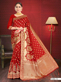 Thumbnail for Vardha Crimson Red Woven Zari Floral Banarasi Saree