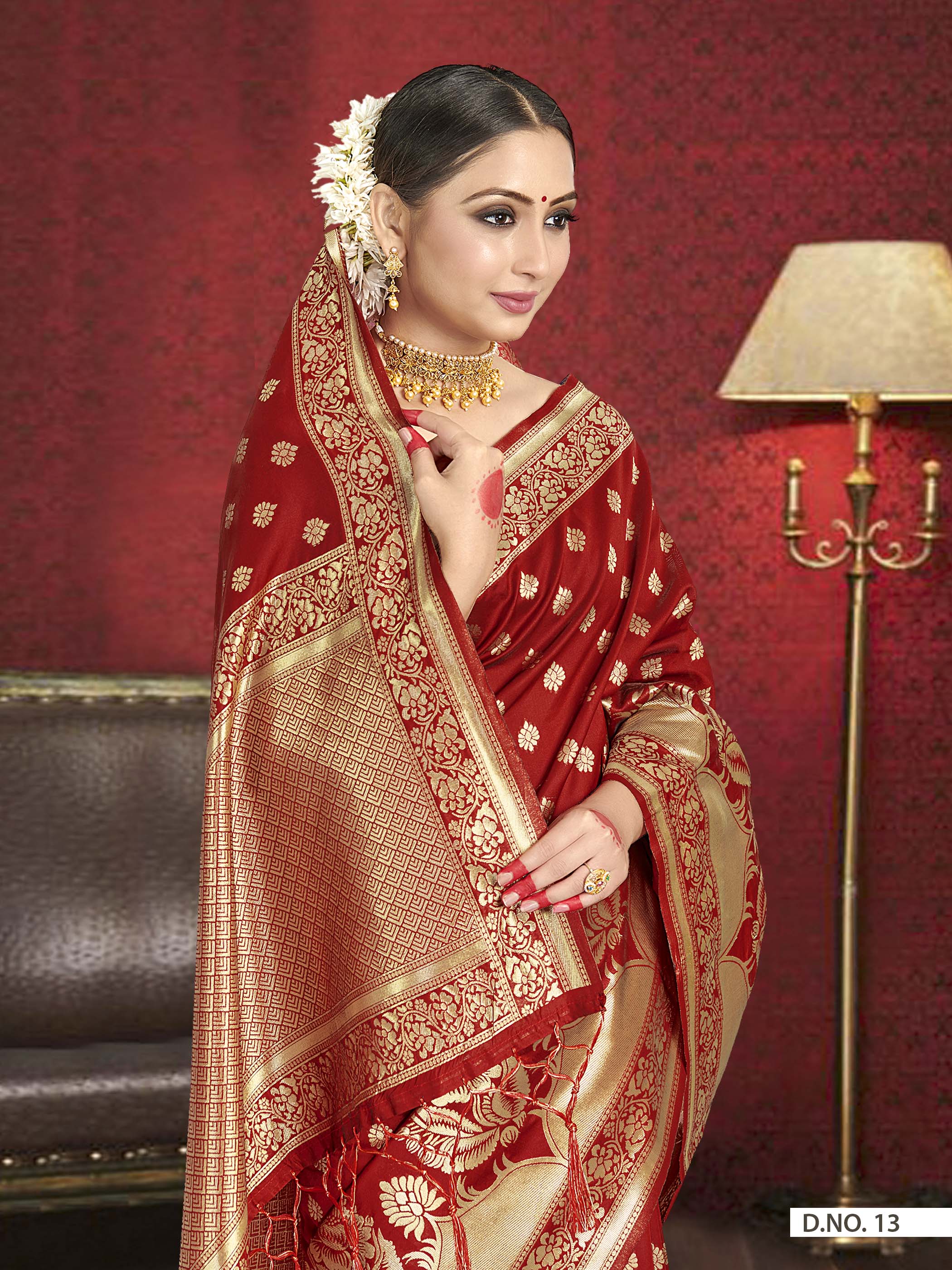 Vardha Crimson Red Woven Zari Floral Banarasi Saree