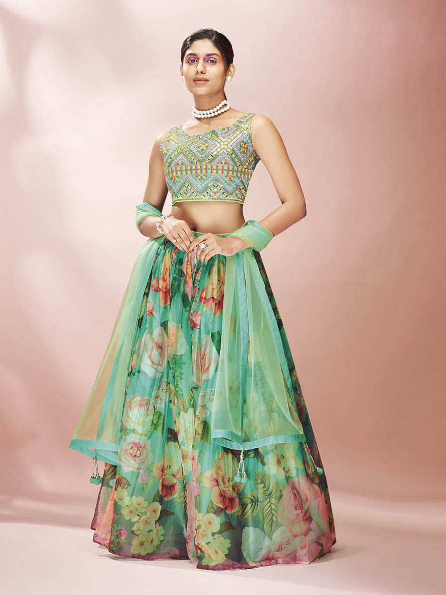 Myra Green Art Silk Embroidered Mirror Work Lehenga - Distacart
