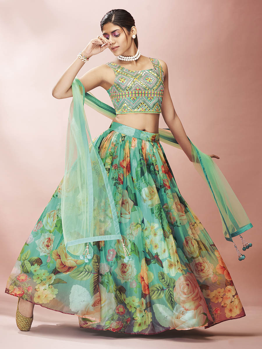 Myra Green Art Silk Embroidered Mirror Work Lehenga - Distacart