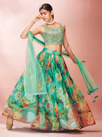 Myra Green Art Silk Embroidered Mirror Work Lehenga - Distacart