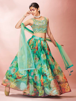 Myra Green Art Silk Embroidered Mirror Work Lehenga - Distacart