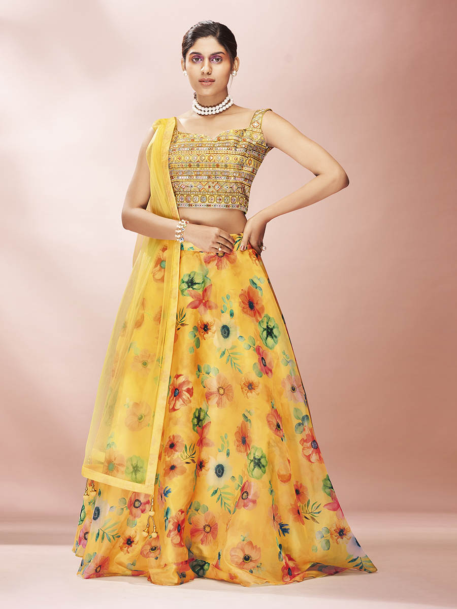 Myra Yellow Art Silk Embroidered Mirror Work Lehenga - Distacart