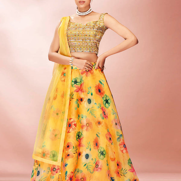 Myra Yellow Art Silk Embroidered Mirror Work Lehenga - Distacart