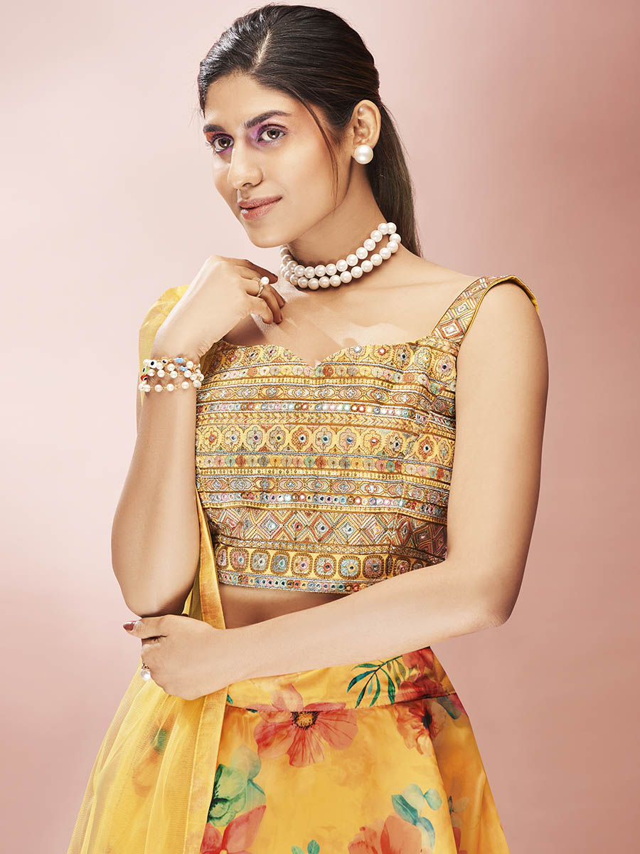 Myra Yellow Art Silk Embroidered Mirror Work Lehenga - Distacart