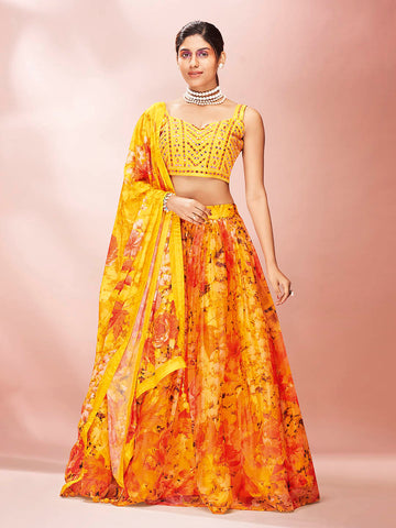 Myra Yellow Art Silk Embroidered Mirror Work Lehenga For Women - Distacart