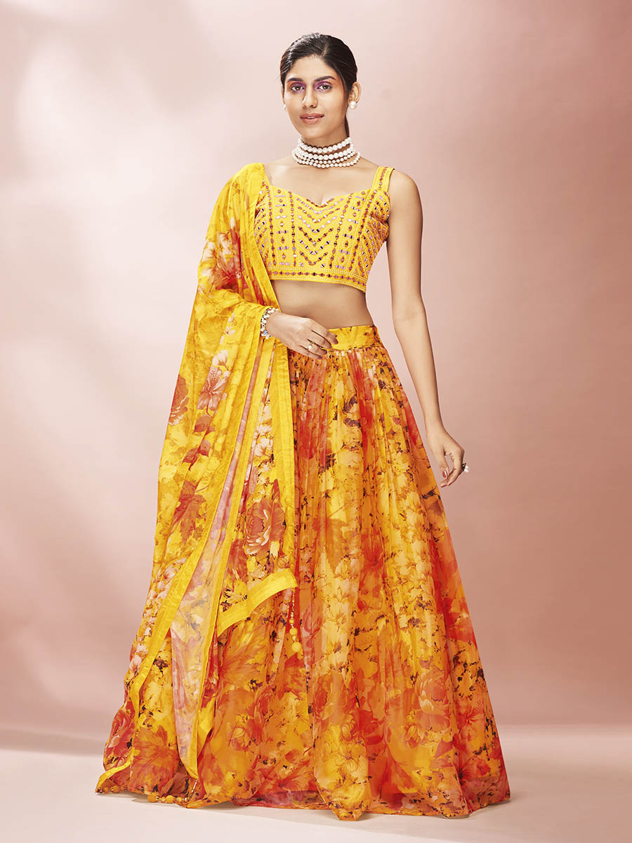 Myra Yellow Art Silk Embroidered Mirror Work Lehenga - Distacart