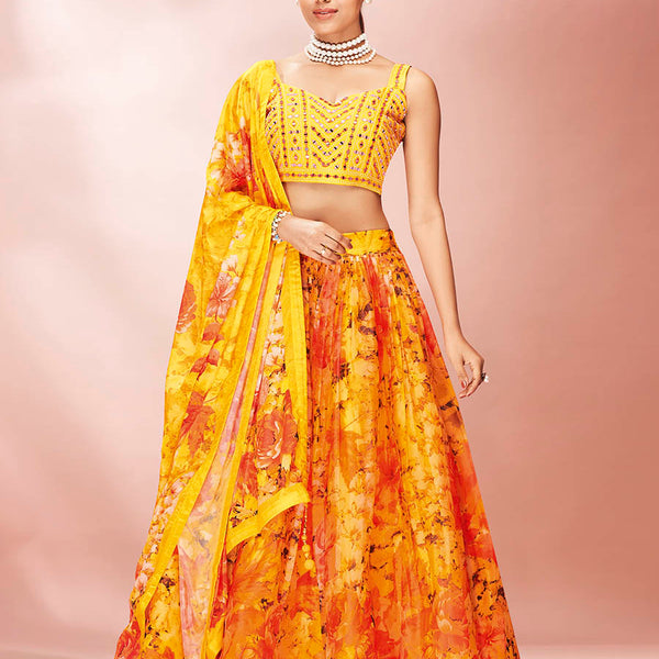 Myra Yellow Art Silk Embroidered Mirror Work Lehenga - Distacart