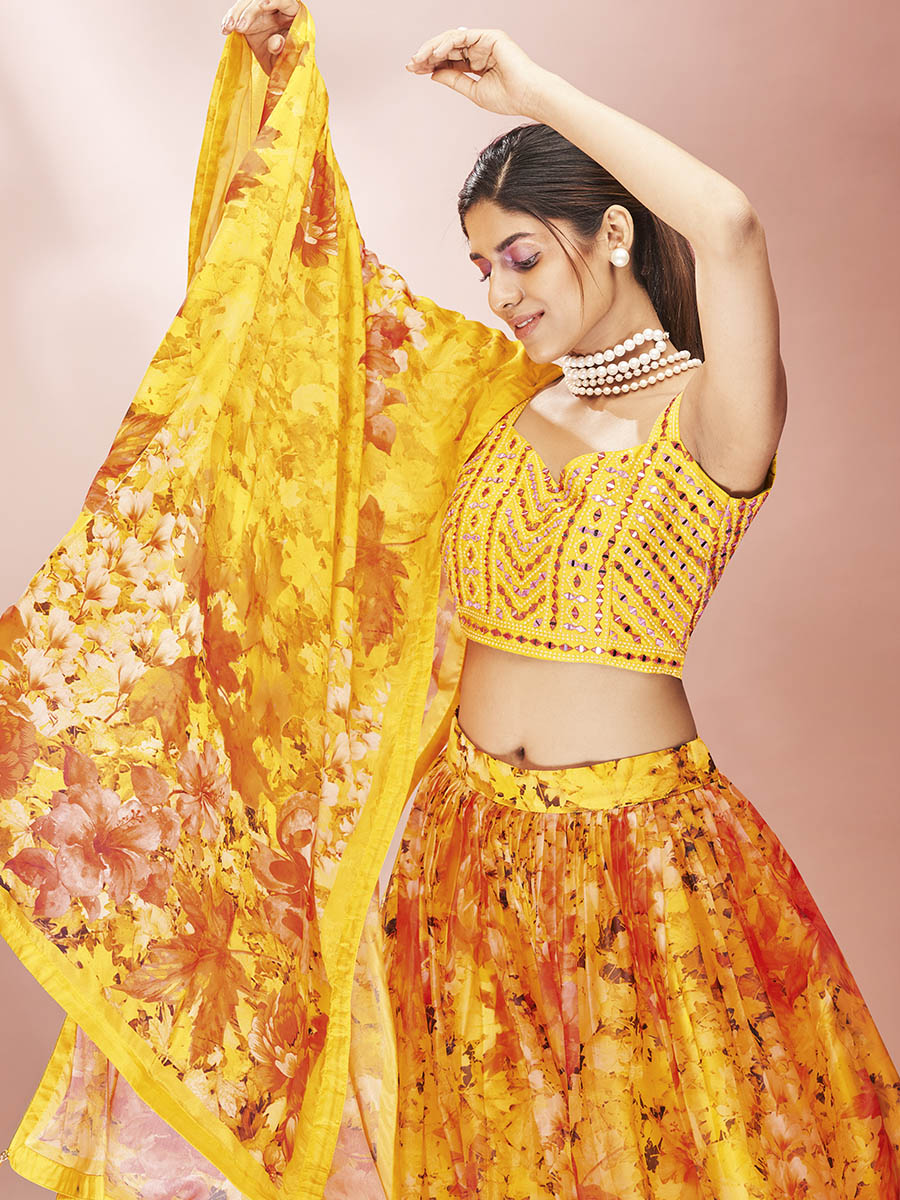 Myra Yellow Art Silk Embroidered Mirror Work Lehenga For Women - Distacart