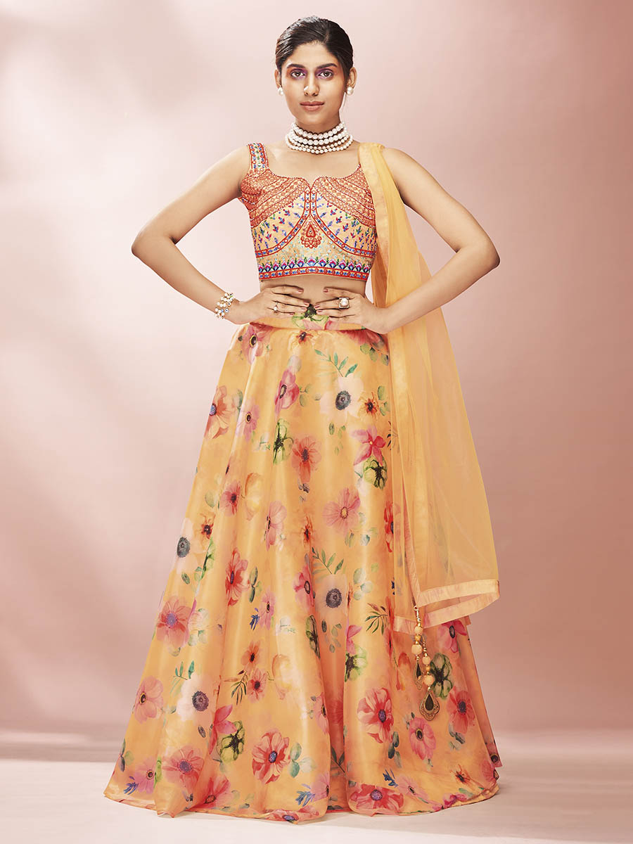 Myra Mustard Art Silk Embroidered Mirror Work Lehenga - Distacart