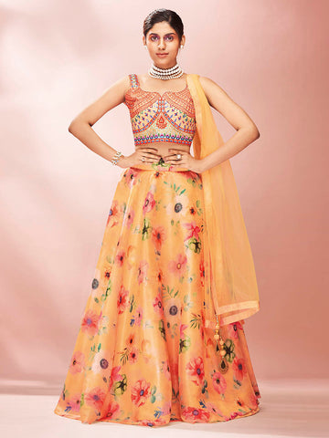Myra Mustard Art Silk Embroidered Mirror Work Lehenga - Distacart