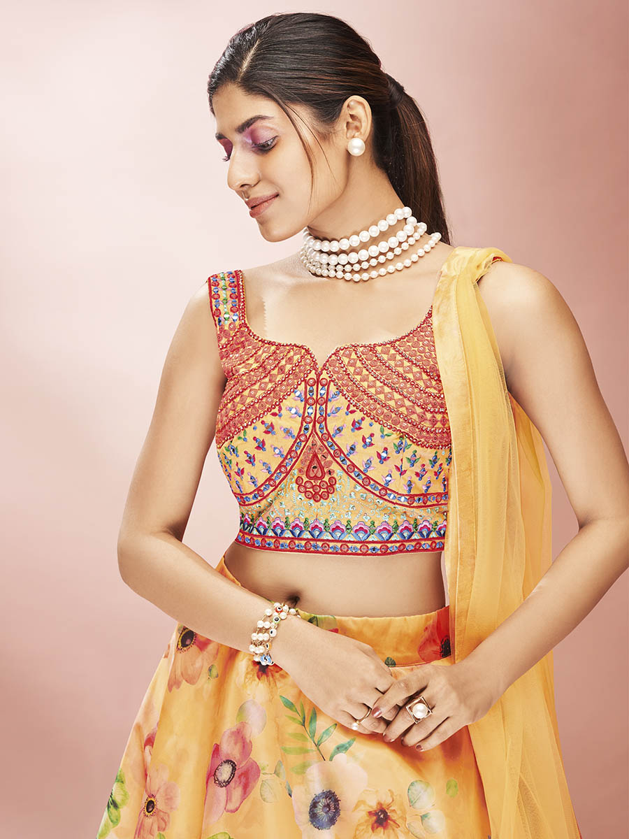 Myra Mustard Art Silk Embroidered Mirror Work Lehenga - Distacart