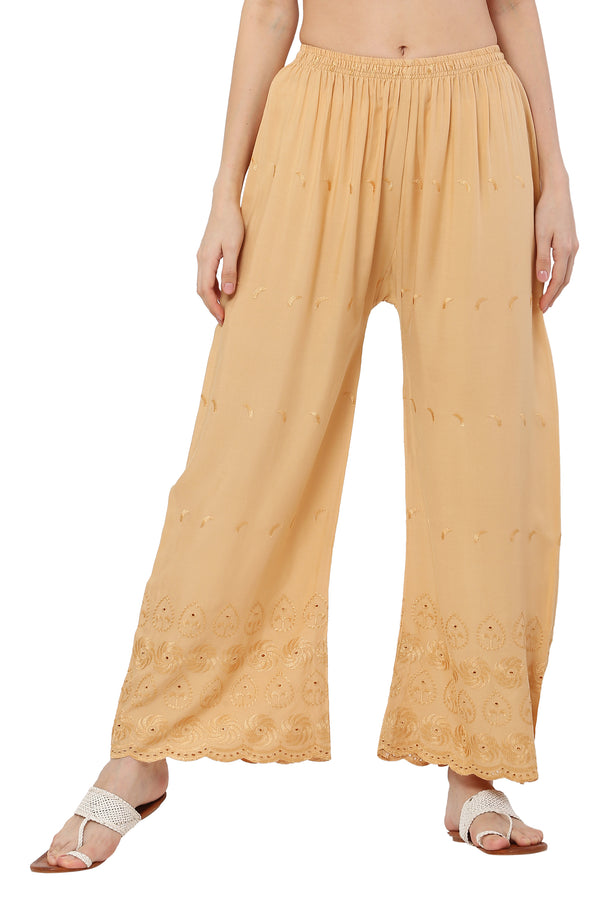 PAVONINE Beige Color Half Schiffli Chikankari Rayon Fabric Palazzo For Women - Distacart