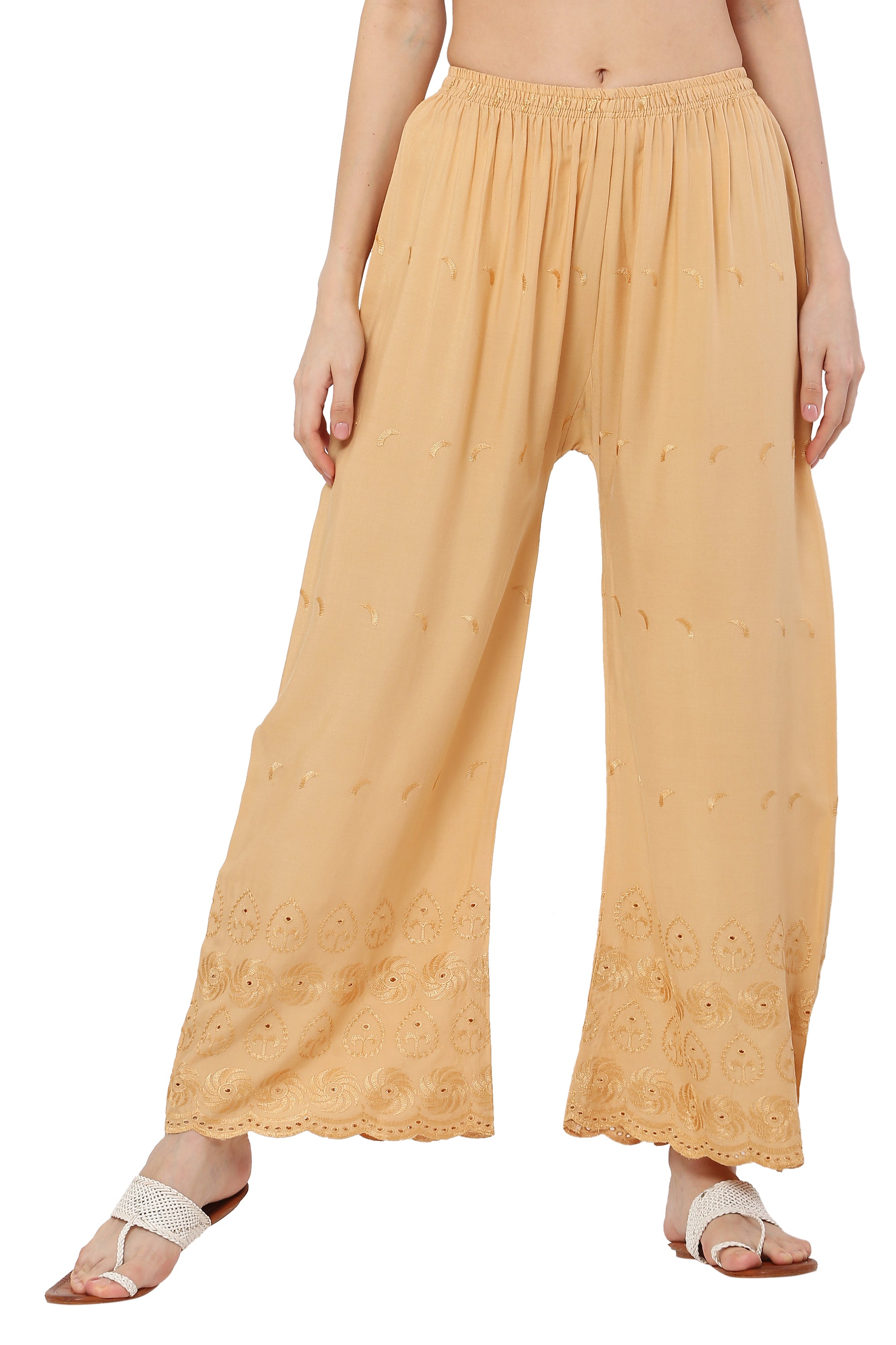 PAVONINE Beige Color Half Schiffli Chikankari Rayon Fabric Sharara For Women - Distacart