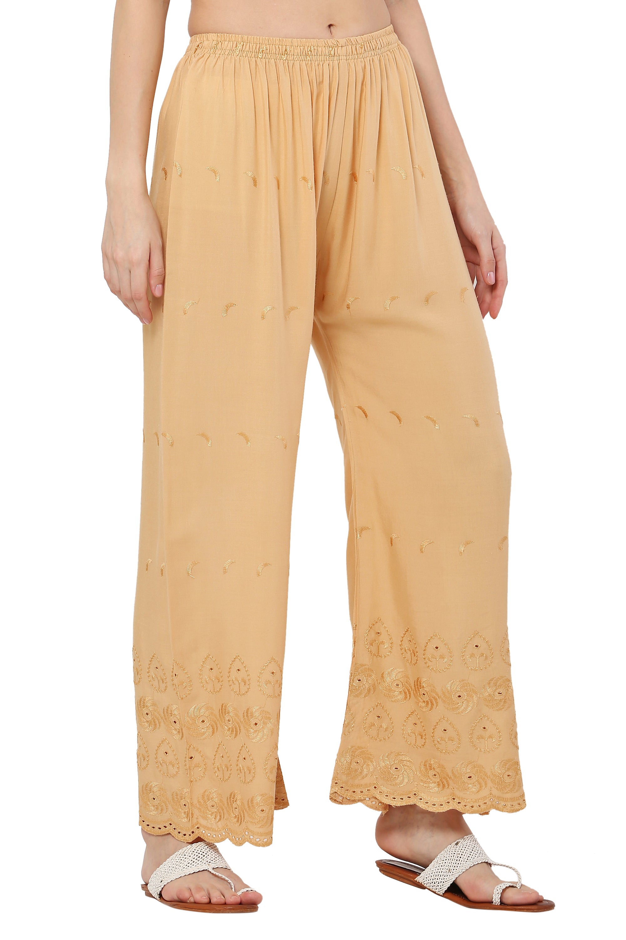 PAVONINE Beige Color Half Schiffli Chikankari Rayon Fabric Palazzo For Women - Distacart