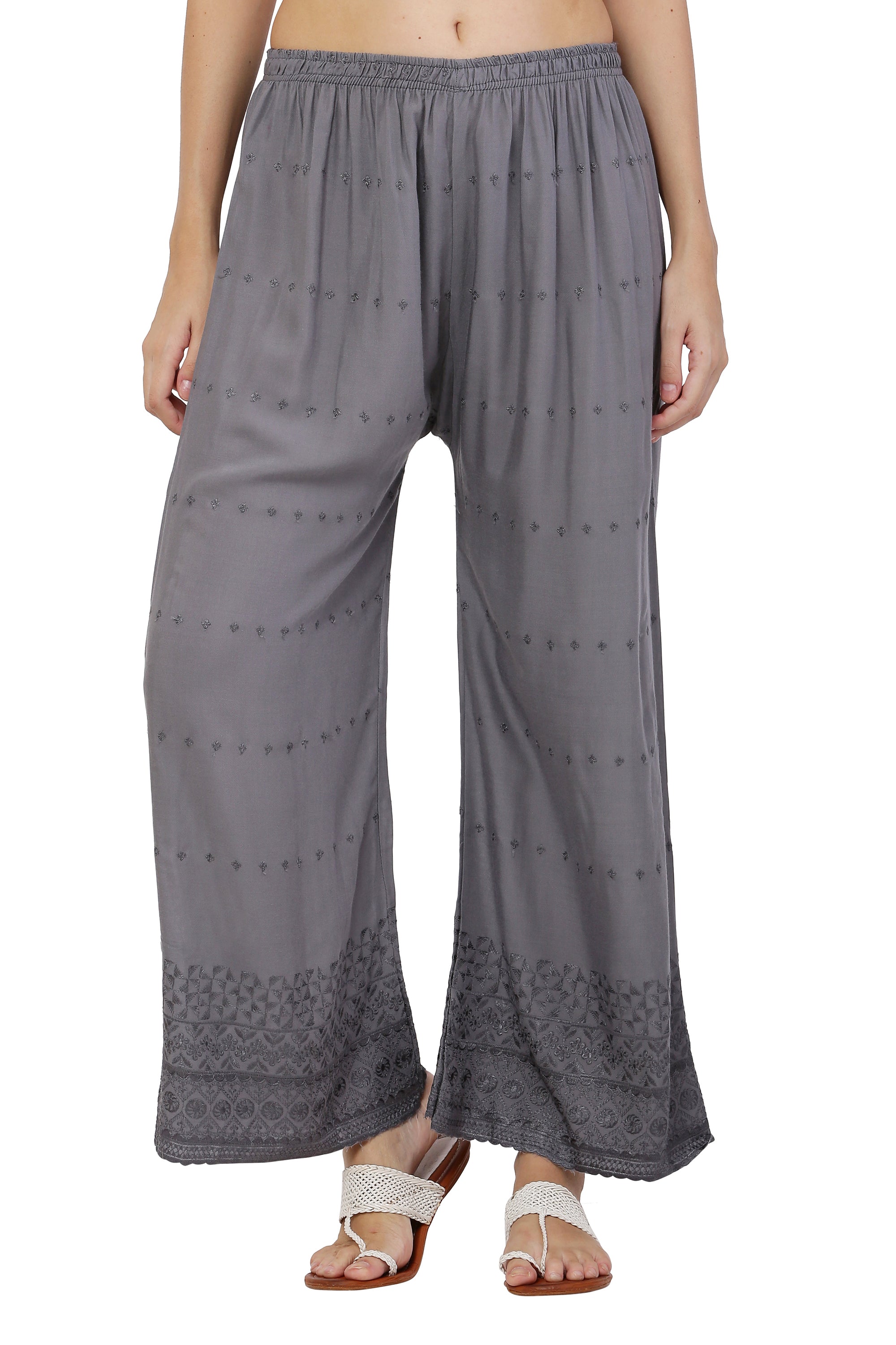 PAVONINE Grey Color Half Schiffli Chikankari Rayon Fabric Palazzo For Women - Distacart