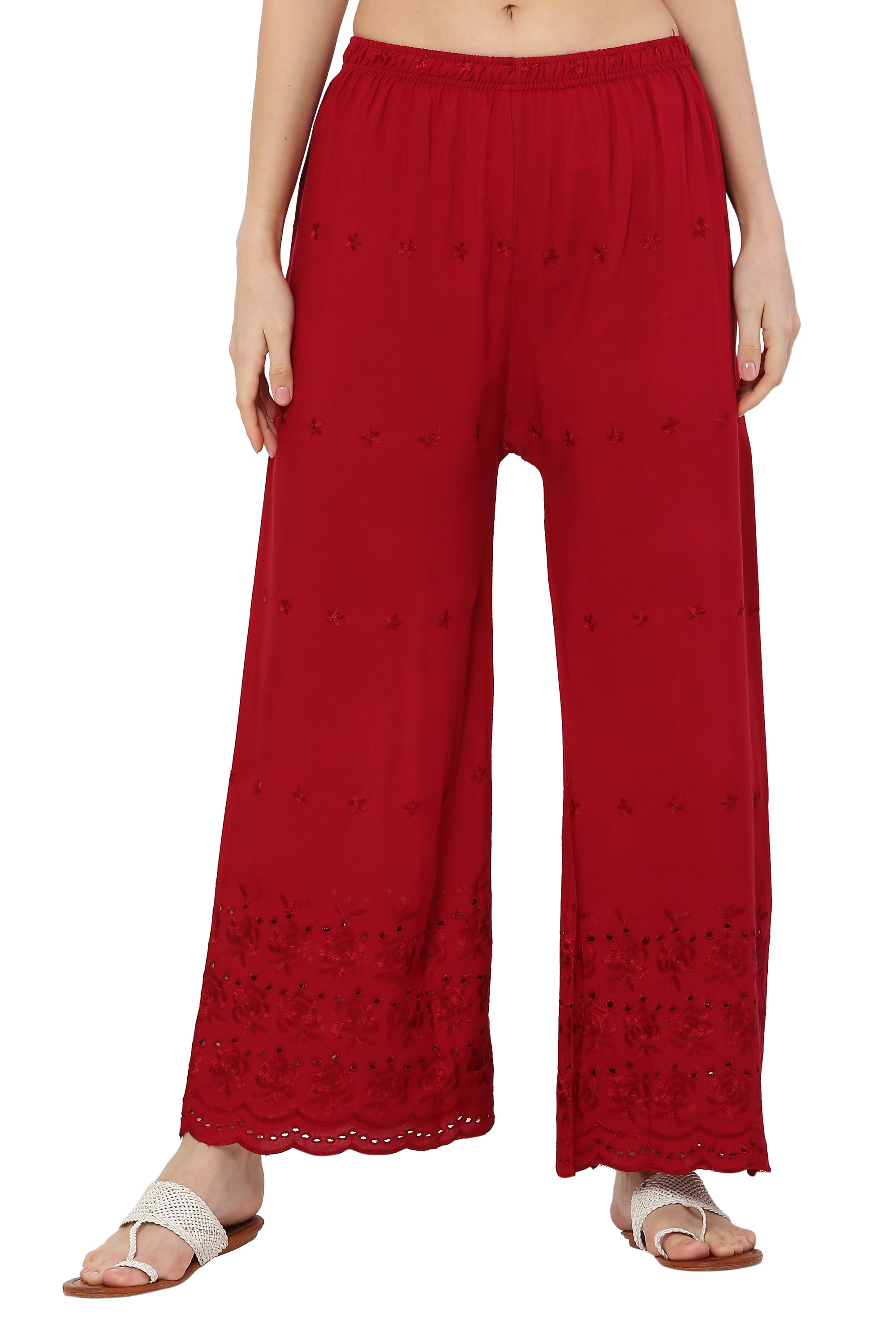 PAVONINE Maroon Color Half Schiffli Chikankari Rayon Fabric Palazzo For Women - Distacart