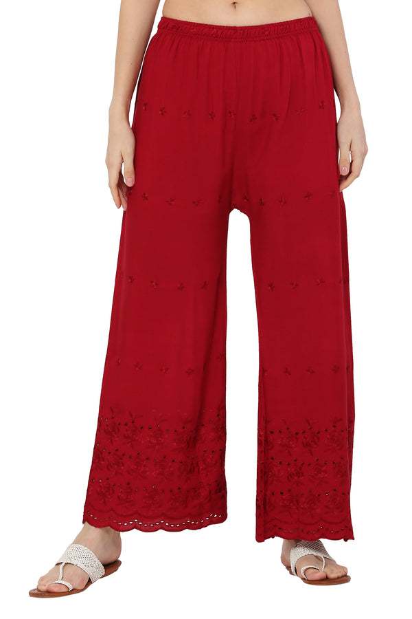 PAVONINE Maroon Color Half Schiffli Chikankari Rayon Fabric Sharara For Women - Distacart