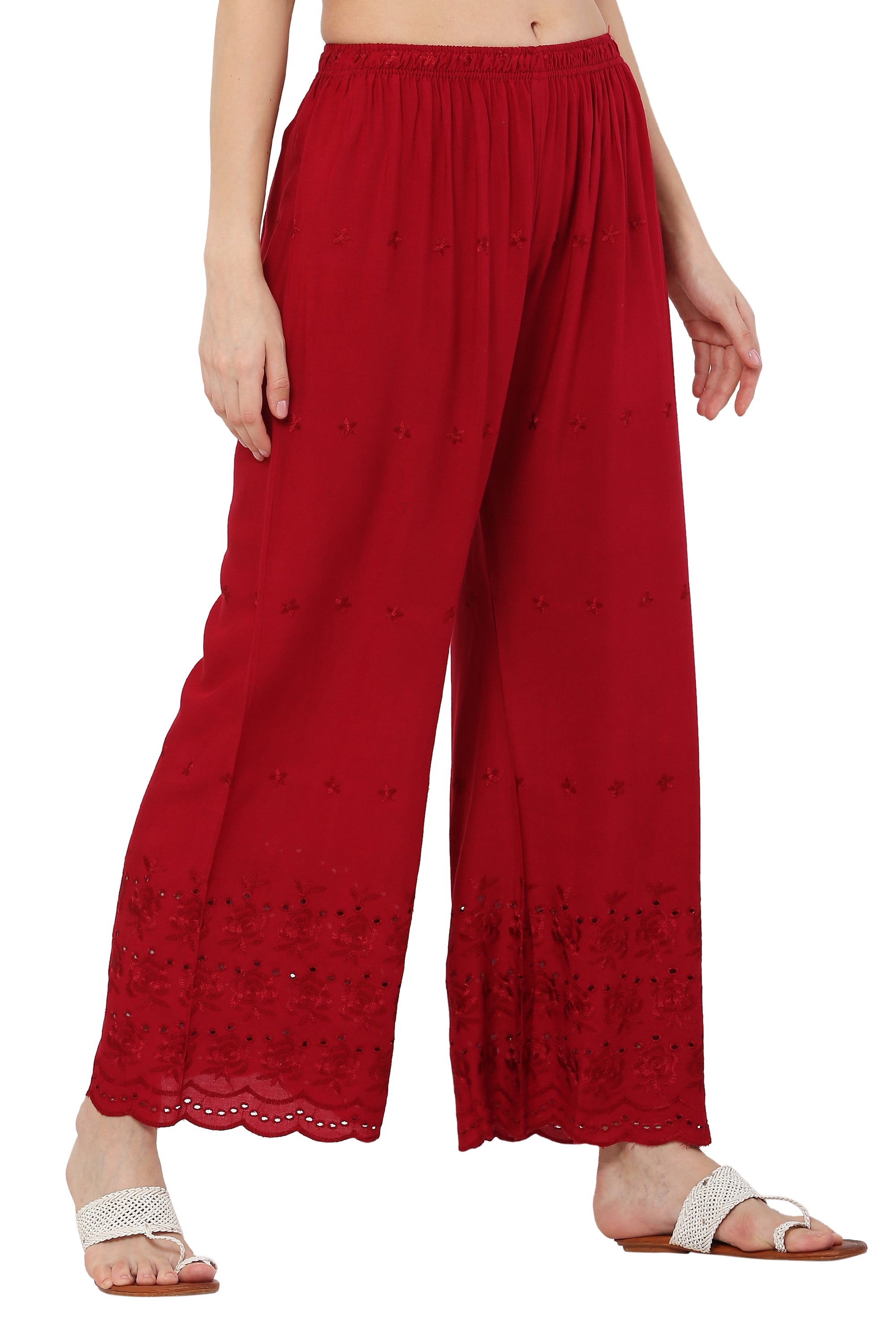 PAVONINE Maroon Color Half Schiffli Chikankari Rayon Fabric Palazzo For Women - Distacart