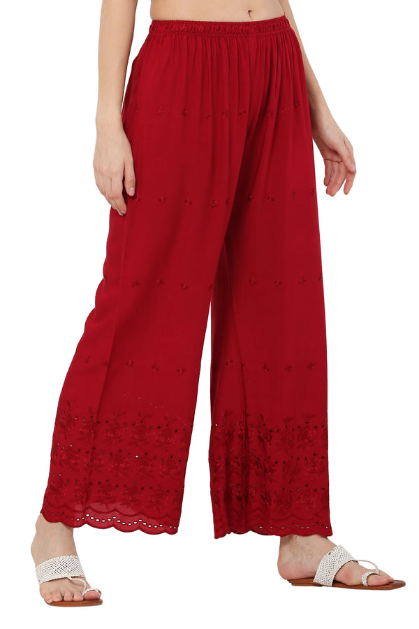 PAVONINE Maroon Color Half Schiffli Chikankari Rayon Fabric Sharara For Women - Distacart
