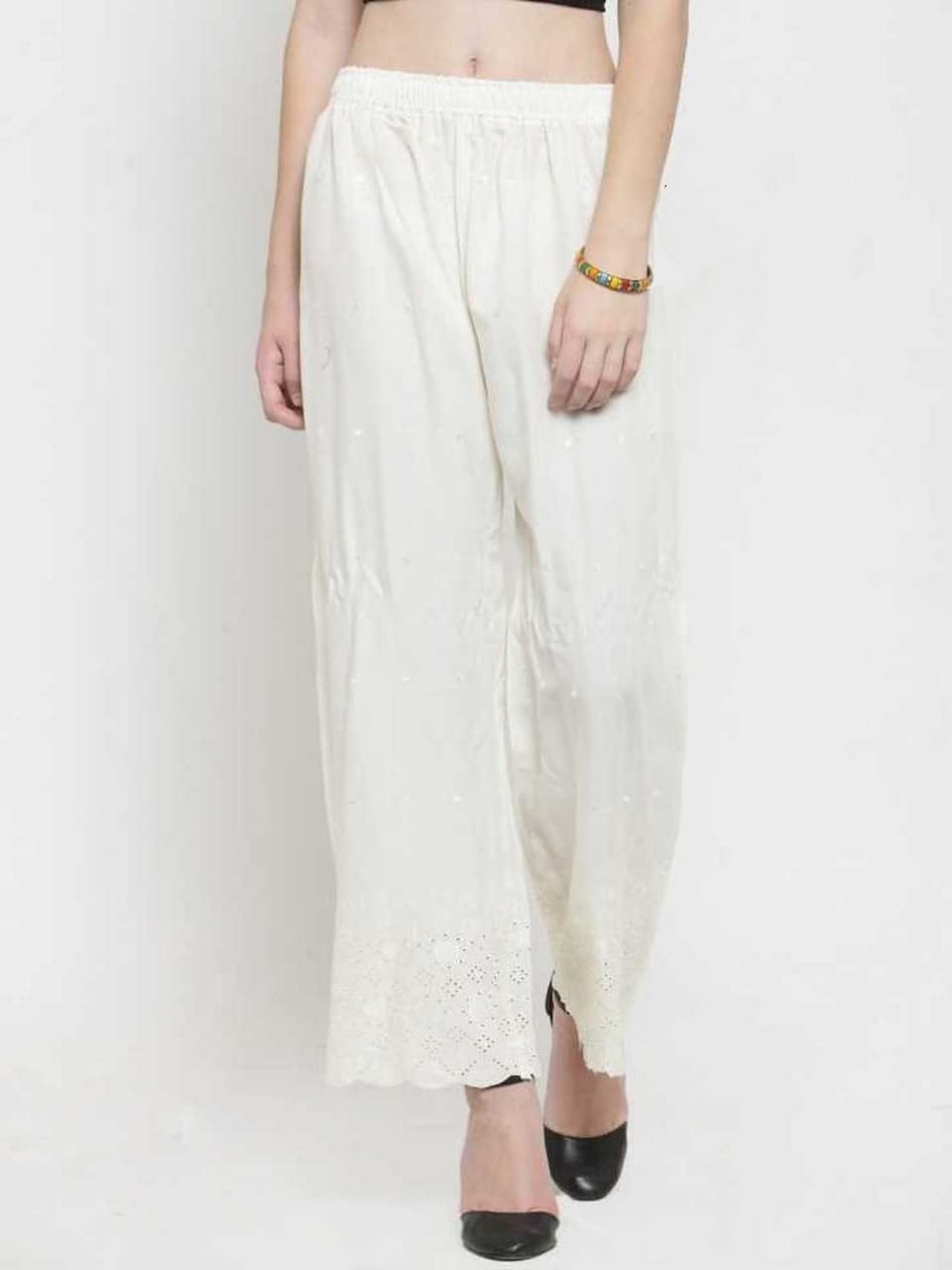 PAVONINE Off-White Color Half Schiffli Chikankari Rayon Fabric Palazzo For Women - Distacart