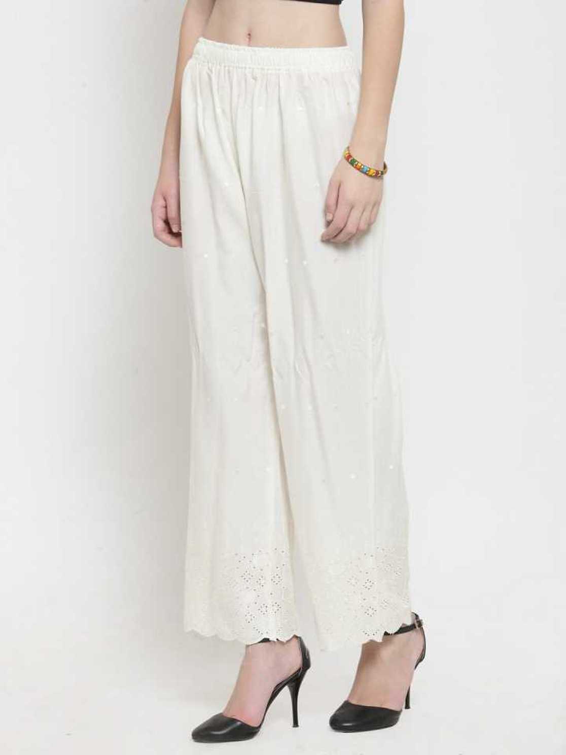 PAVONINE Off-White Color Half Schiffli Chikankari Rayon Fabric Palazzo For Women - Distacart