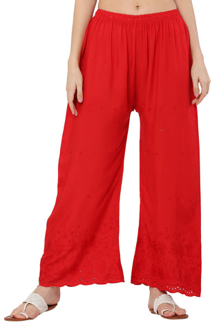PAVONINE Red Color Half Schiffli Chikankari Rayon Fabric Palazzo For Women - Distacart