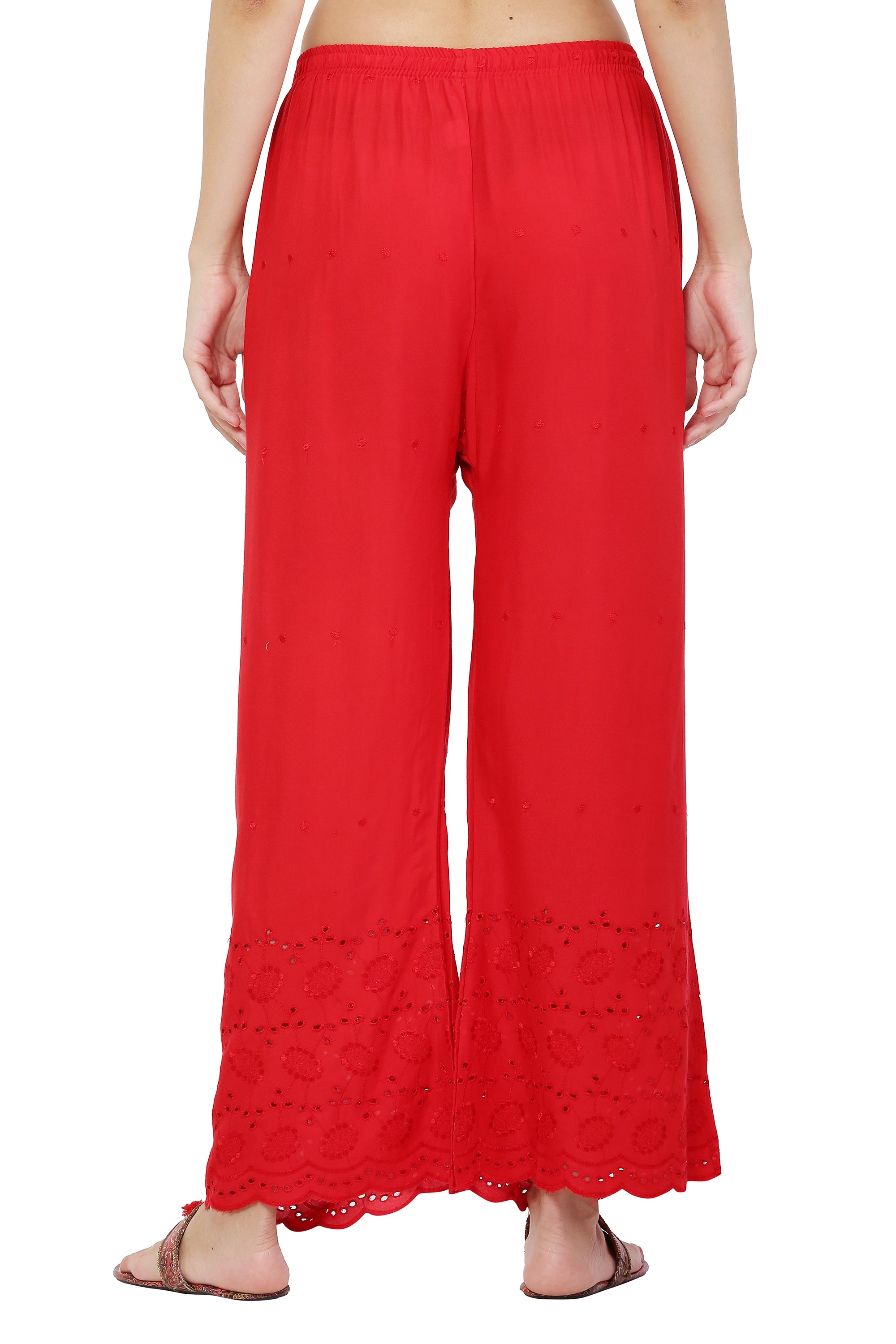 PAVONINE Red Color Half Schiffli Chikankari Rayon Fabric Sharara For Women - Distacart