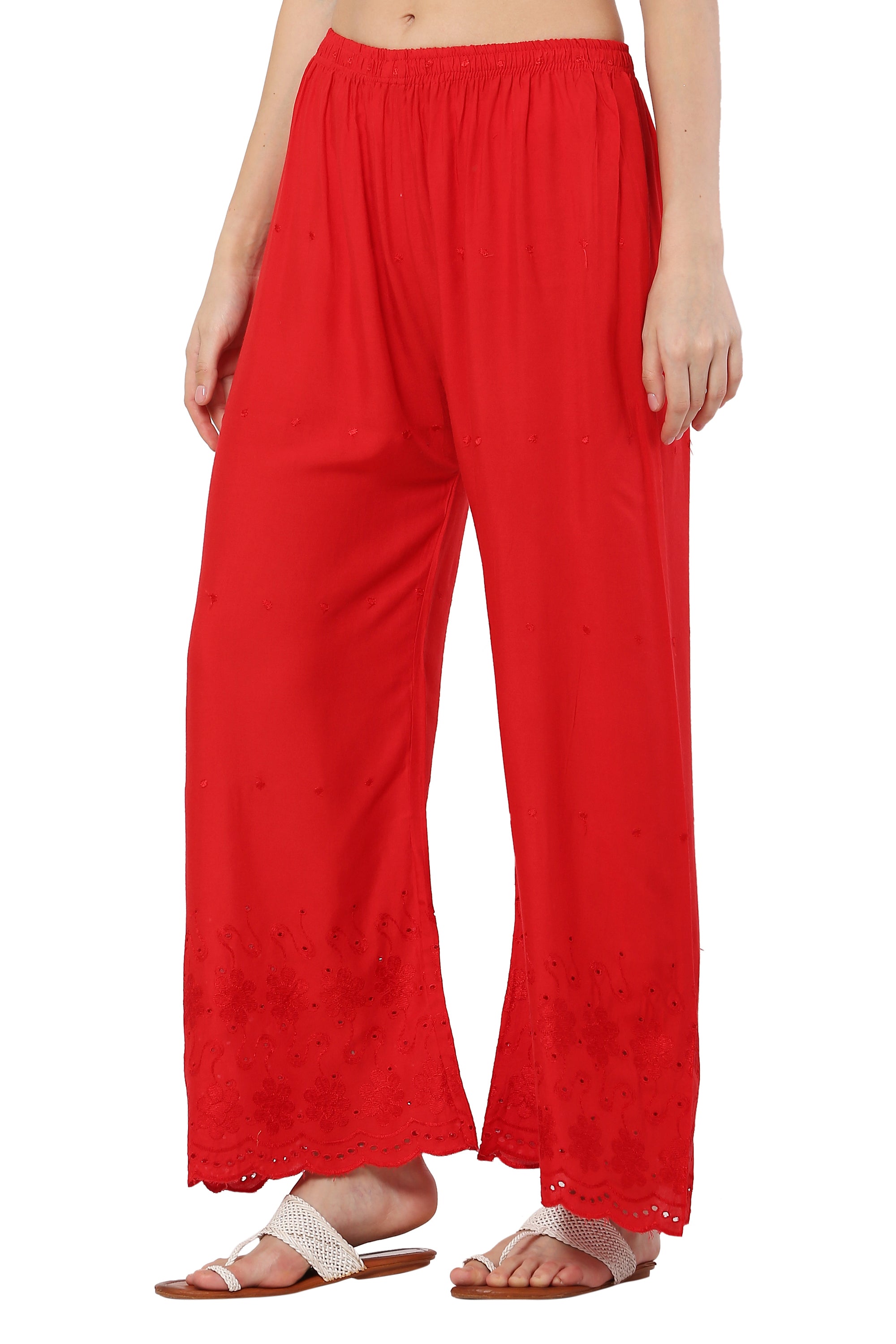 PAVONINE Red Color Half Schiffli Chikankari Rayon Fabric Palazzo For Women - Distacart