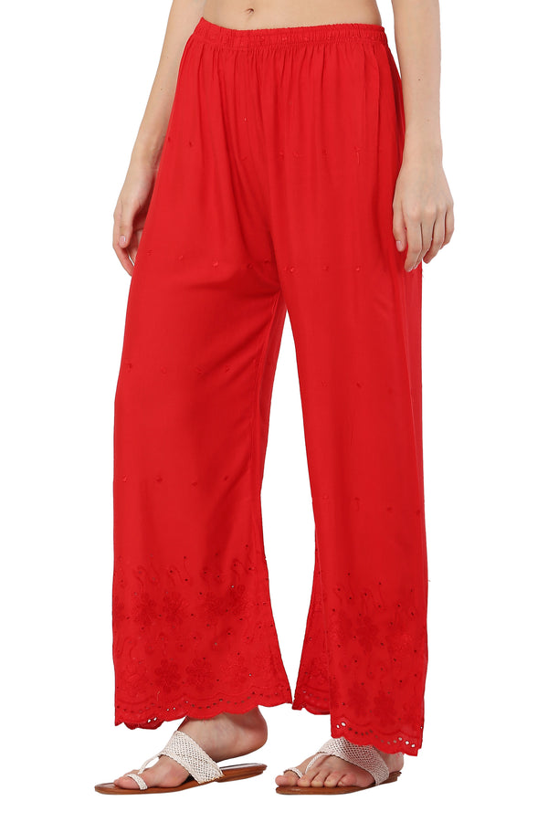 PAVONINE Red Color Half Schiffli Chikankari Rayon Fabric Sharara For Women - Distacart