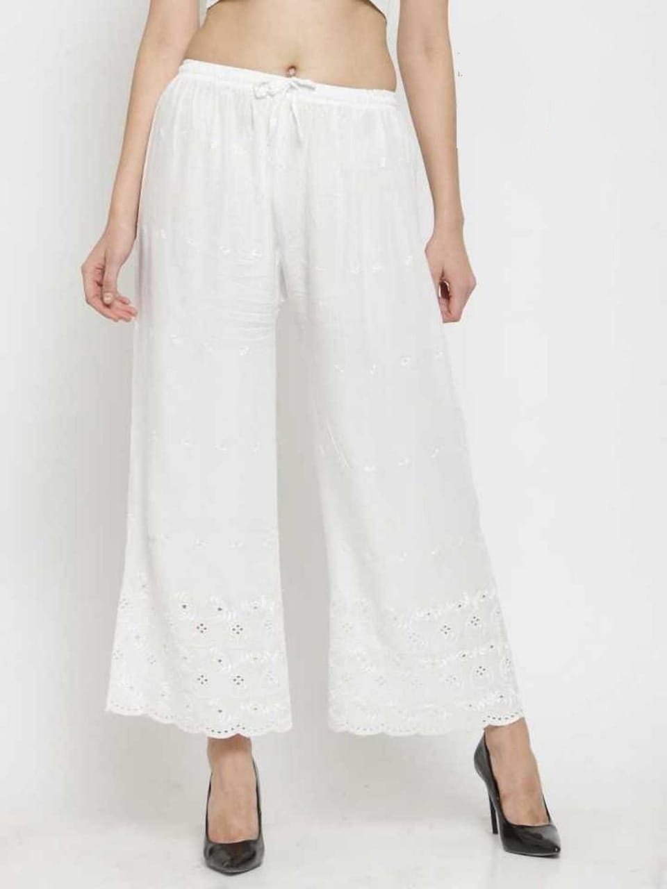 PAVONINE White Color Half Schiffli Chikankari Rayon Fabric Palazzo For Women - Distacart