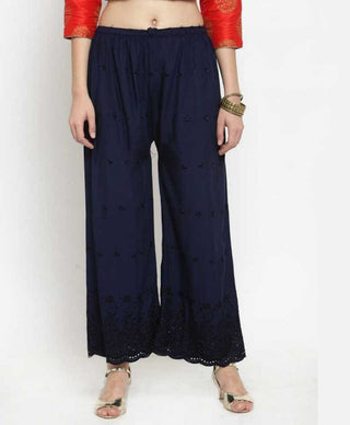 PAVONINE Navy Blue Color Half Schiffli Chikankari Rayon Fabric Palazzo For Women - Distacart