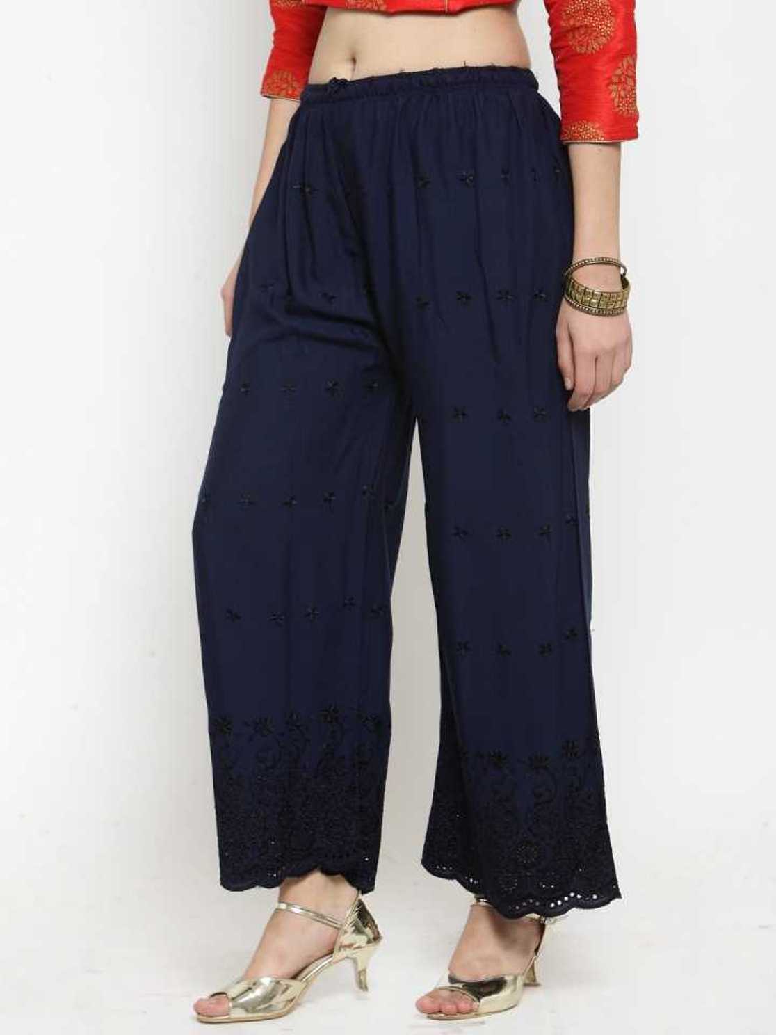 PAVONINE Navy Blue Color Half Schiffli Chikankari Rayon Fabric Palazzo For Women - Distacart