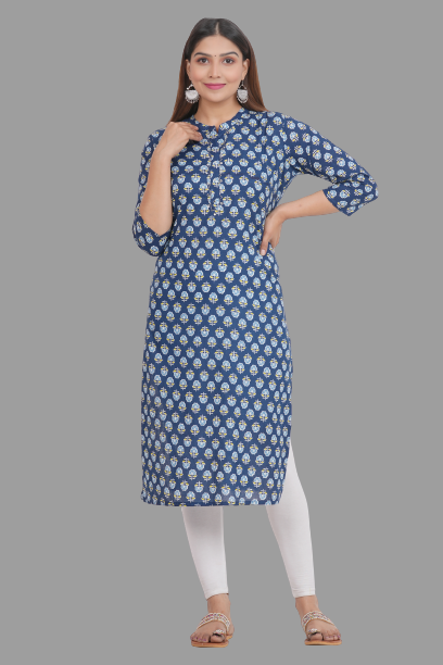 House of RP Women's Blue Cotton Floral Print Straight Kurta - Distacart