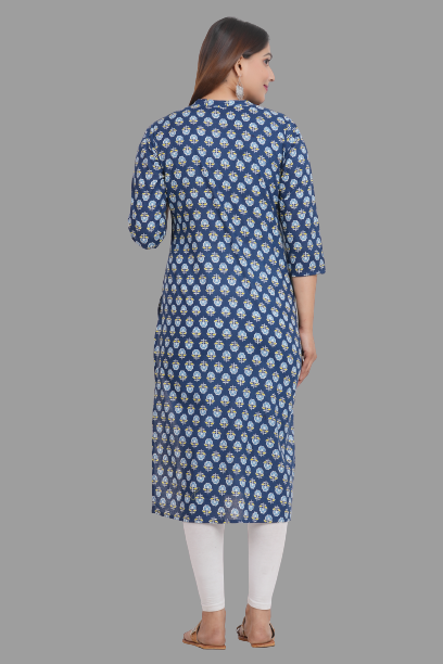 House of RP Women's Blue Cotton Floral Print Straight Kurta - Distacart