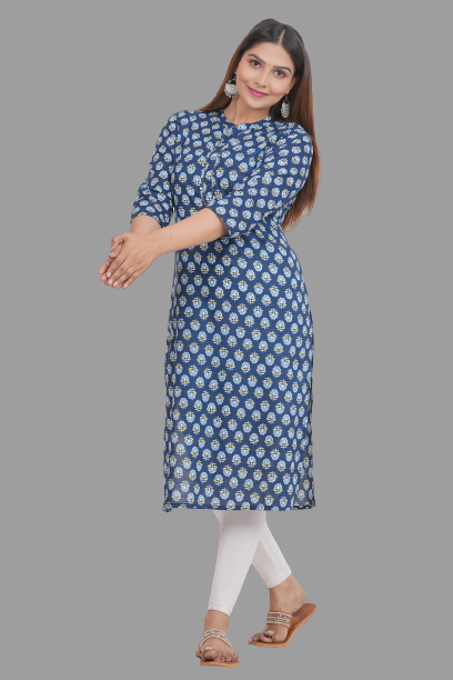 House of RP Women's Blue Cotton Floral Print Straight Kurta - Distacart