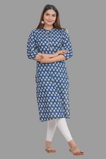 Thumbnail for House of RP Women's Blue Cotton Floral Print Straight Kurta - Distacart