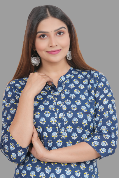 House of RP Women's Blue Cotton Floral Print Straight Kurta - Distacart