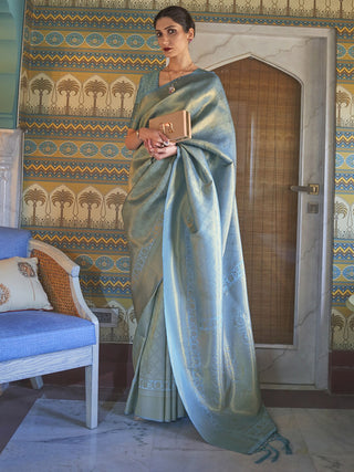 Mitera Turquoise Blue & Gold-Toned Woven Design Zari Silk Blend Kanjeevaram Saree - Distacart