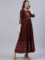 Thumbnail for Jaipur Kurti Women Burgundy & Gold-Toned Floral Printed Anarkali Kurta - Distacart