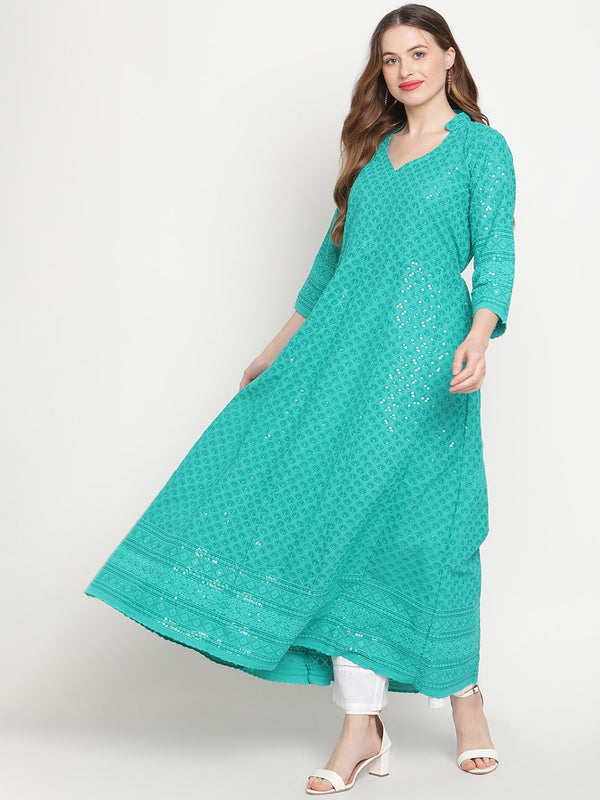 Kalini Chikankari Embroidered Pure Cotton Anarkali Kurta - Distacart