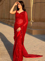 Thumbnail for Sangria Red Embellished Pure Georgette Saree - Distacart