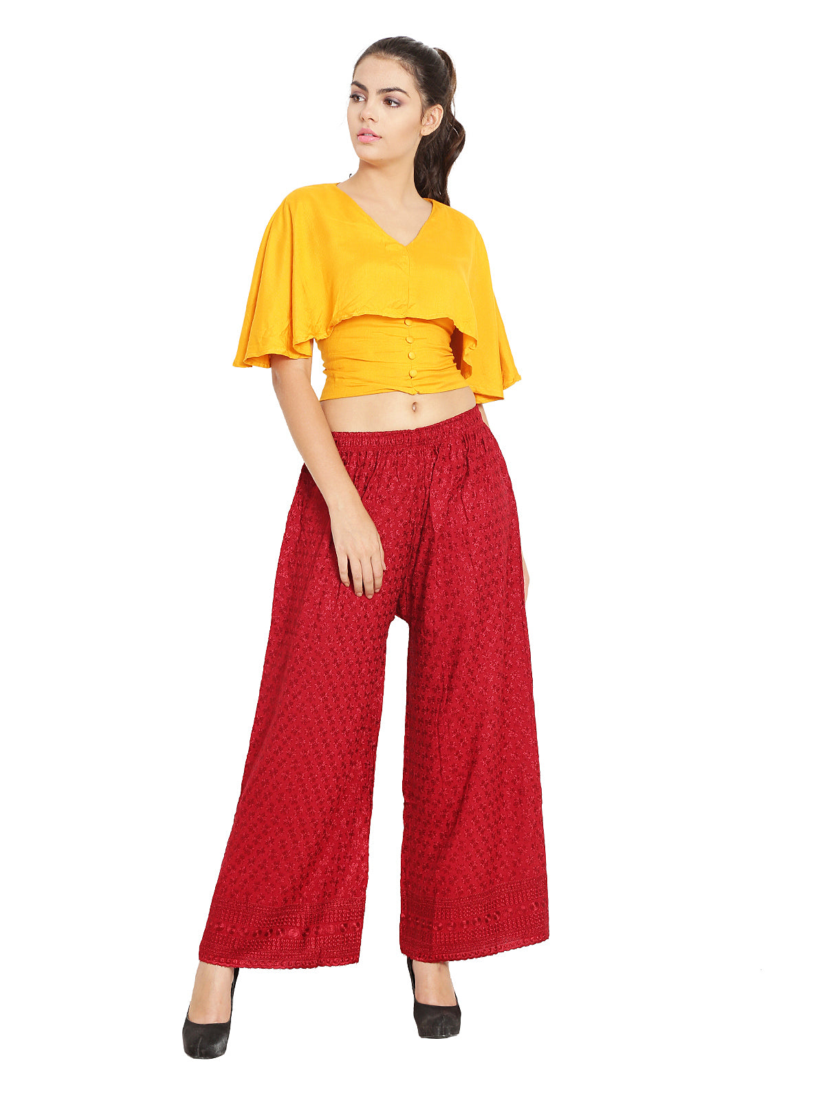 PAVONINE Maroon Color Full Chikankari Rayon Fabric Sharara For Women - Distacart