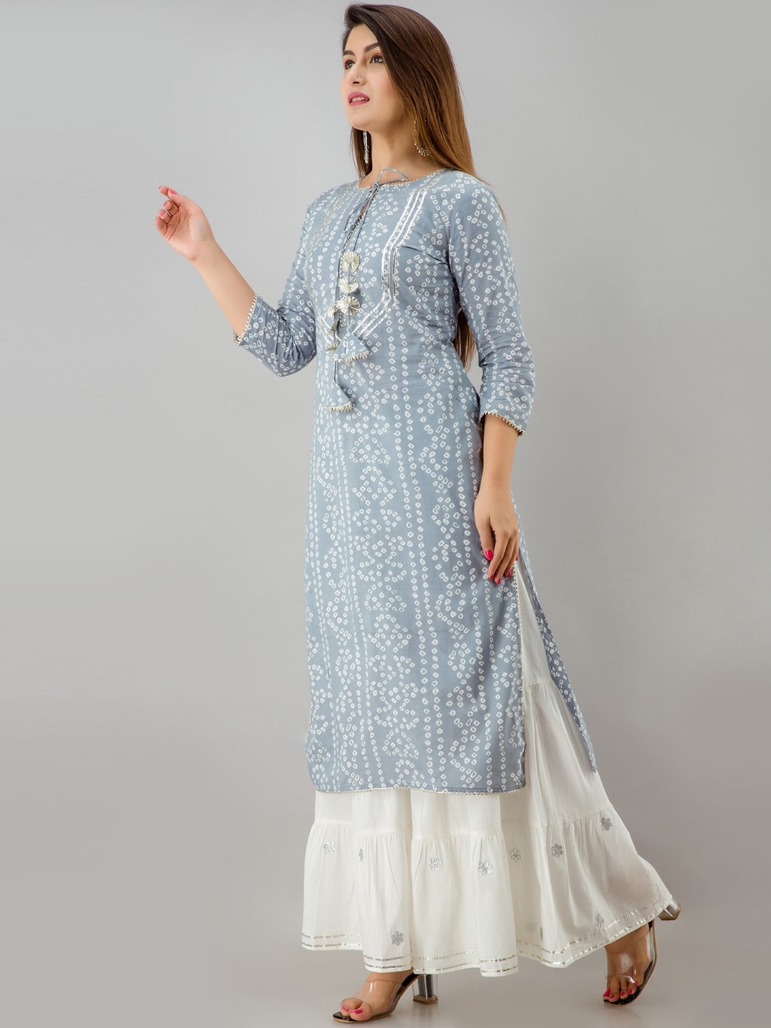 HERE&NOW Grey Bandhani Printed Gotta Patti Kurta with Sharara - Distacart