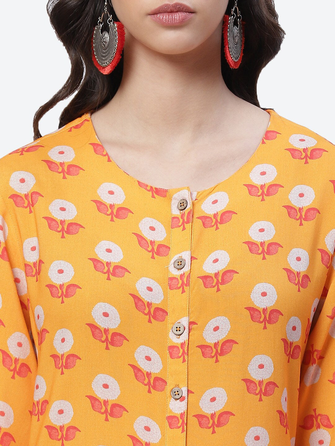 Biba Women Yellow Floral Printed Straight Kurta with Trousers - Distacart