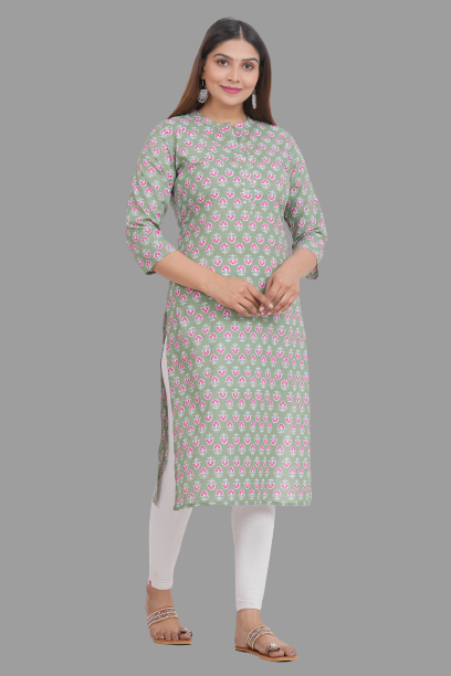 House of RP Women's Green Cotton Floral Print Straight Kurta - Distacart