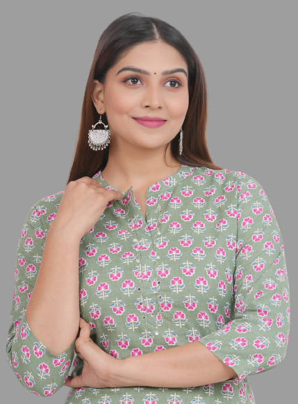 House of RP Women's Green Cotton Floral Print Straight Kurta - Distacart