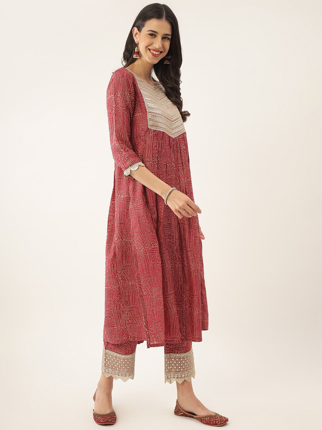 Khushal K Bandhani Printed Sequined Zari A-Line Kurta with Palazzos & Dupatta - Distacart