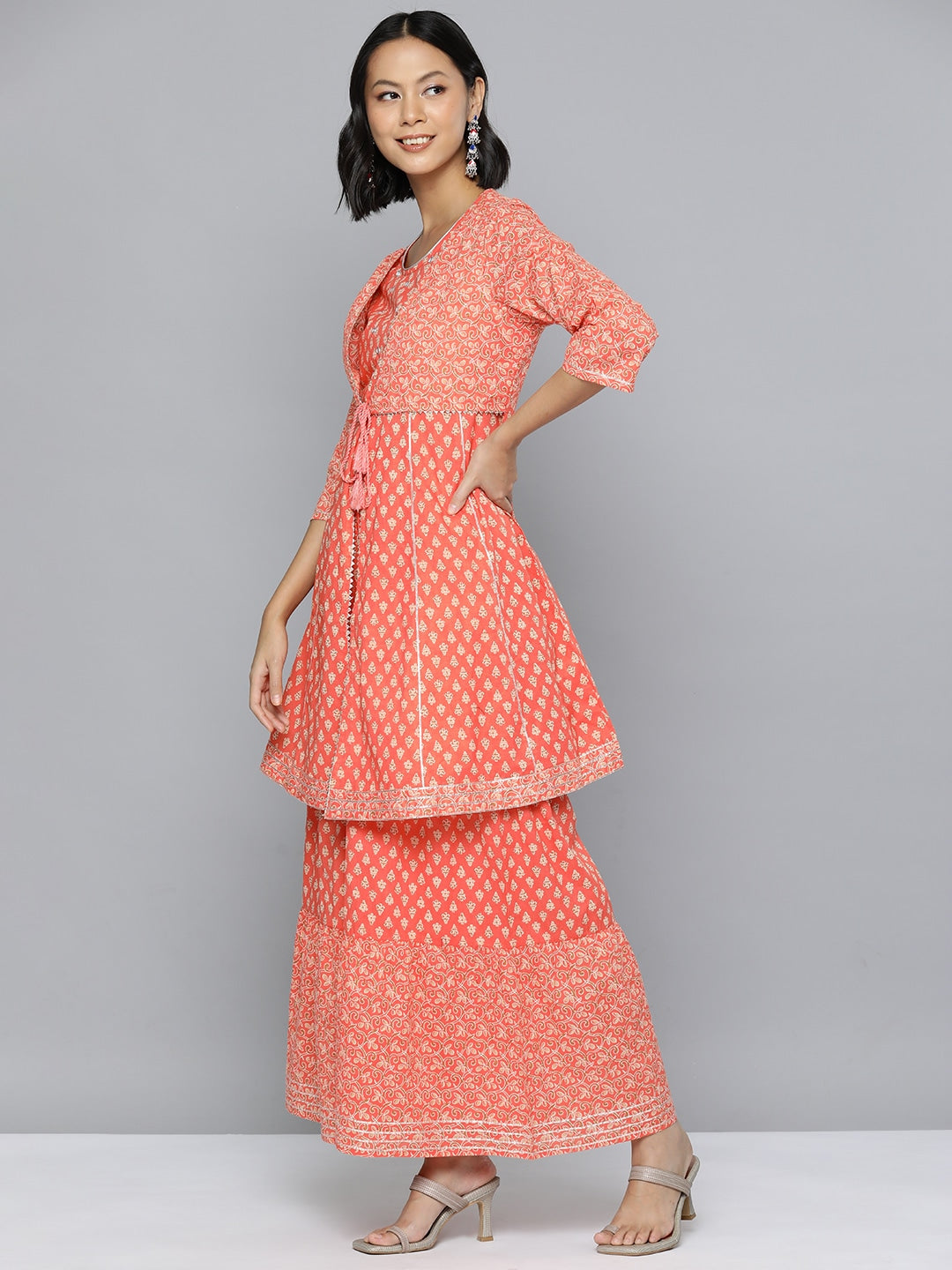 HERE&NOW Ethnic Motifs Print High Slit Cotton Kurta with Sharara - Distacart