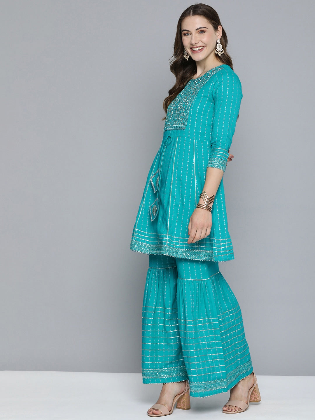 HERE&NOW Floral Yoke Design Regular Beads and Stones Pure Cotton Kurta with Sharara - Distacart